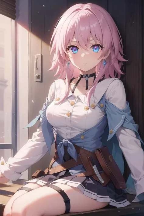 marchseventh, <lora:marchseventh-lora-nochekaiser:1>,
march seventh, blue eyes, hair between eyes, medium hair, pink eyes, pink hair, two-tone eyes,
BREAK ankle boots, archery shooting glove, badge, bare legs, black choker, black corset, black footwear, black gloves, blue jacket, blue skirt, boots, button badge, buttons, choker, collarbone, corset, earrings, flower ornament, gloves, high heel boots, high heels, jacket, jewelry, long sleeves, miniskirt, partially fingerless gloves, pleated skirt, shirt, single earring, single glove, skirt, thigh strap, tied jacket, underbust, white shirt
BREAK looking at viewer,
BREAK indoors, classroom,
BREAK <lyco:GoodHands-beta2:1>, (masterpiece:1.2), best quality, high resolution, unity 8k wallpaper, (illustration:0.8), (beautiful detailed eyes:1.6), extremely detailed face, perfect lighting, extremely detailed CG, (perfect hands, perfect anatomy),