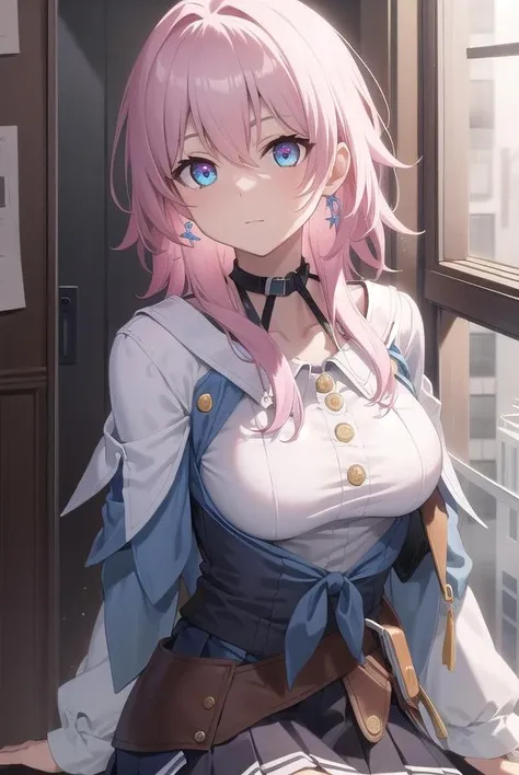 (masterpiece:1.2), best quality, high resolution, unity 8k wallpaper, (illustration:0.8), (beautiful detailed face:1.2, beautiful detailed eyes:1.2), perfect lighting, extremely detailed CG, (perfect hands, perfect anatomy),
Cute, beautiful, charming lady, shiny hair, lustrous skin, beautiful light big eyes,
milf, married woman, soft With a gentle appearance and a gentle mother-like atmosphere,
march_a, pink hair, short hair, bangs, multicolored eyes, blue eyes, pink eyes, large breasts, earrings, jewelry, choker, jacket, white shirt, long sleeves, blue skirt, pleated skirt, black partially fingerless gloves,