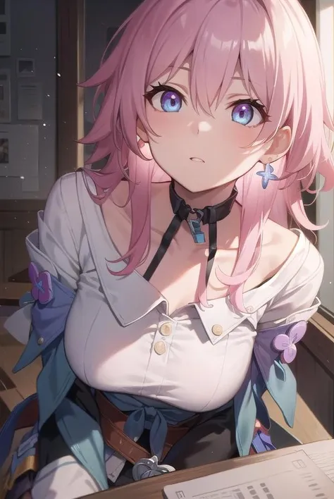 marchseventh, <lora:marchseventh-lora-nochekaiser:1>,
march seventh, blue eyes, hair between eyes, medium hair, pink eyes, pink hair, two-tone eyes,
BREAK ankle boots, archery shooting glove, badge, bare legs, black choker, black corset, black footwear, black gloves, blue jacket, blue skirt, boots, button badge, buttons, choker, collarbone, corset, earrings, flower ornament, gloves, high heel boots, high heels, jacket, jewelry, long sleeves, miniskirt, partially fingerless gloves, pleated skirt, shirt, single earring, single glove, skirt, thigh strap, tied jacket, underbust, white shirt
BREAK looking at viewer,
BREAK indoors, classroom,
BREAK <lyco:GoodHands-beta2:1>, (masterpiece:1.2), best quality, high resolution, unity 8k wallpaper, (illustration:0.8), (beautiful detailed eyes:1.6), extremely detailed face, perfect lighting, extremely detailed CG, (perfect hands, perfect anatomy),