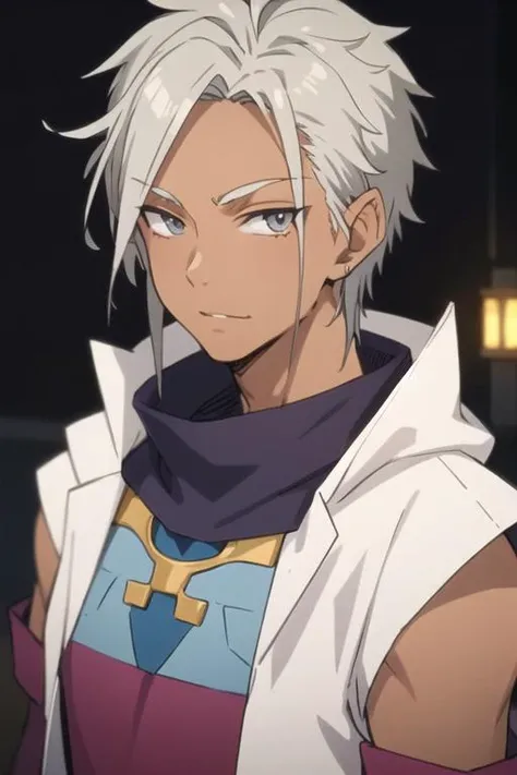 masterpiece, best quality, , 1boy, solo, male focus, looking at viewer, upper body, depth of field, <lora:grucius_tensei_shitara:0.64>, grucius_tensei_shitara, grey hair, grey eyes, , aztec,