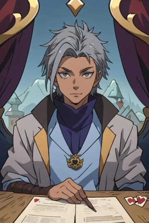 masterpiece, best quality, photorealistic, 1boy, solo, male focus, looking at viewer, , , <lora:grucius_tensei_shitara:0.72>, grucius_tensei_shitara, grey hair, grey eyes, pirate costume, Wonderland: A wild and fantastical place, ruled by the Queen of Hearts,