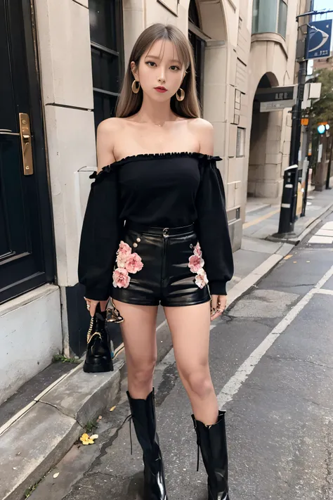 masterpiece, best quality, bare shoulders, thighs, long hair, hair flower, earrings, 1girl, solo, Ankle boot,black leather boots, HD,