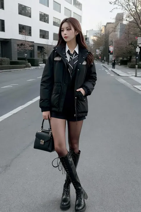 dynamic angle, full body, wide shot, 1girl, fashion, white collared shirt, black shorts, black jacket, (ulzzang-6500:1), (black tights:1), (black pantyhose:1),  <lora:ridingBoots_v10:0.7>, black leather boots,, (8k, RAW photo, best quality, masterpiece), (realistic, photo-realistic:1.2), ultra-detailed,, <lora:taiwanDollLikeness_v10:0.1>, <lora:japaneseDollLikeness_v10:0.2>,  <lora:koreanDollLikeness_v15:0.3>,<lora:shojovibe_v11:0.3>