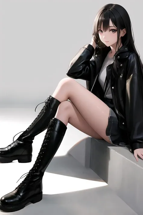 dynamic angle, absurdres,original,extremely delicate and beautiful,beautiful detailed eyes and face,1girl, black_hair, looking_at_viewer, solo,(masterpiece:1.4),(best quality:1.4),black leather boots, sitting, <lora:knbotzv2:0.5>