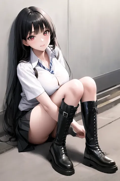 dynamic angle, absurdres,original,extremely delicate and beautiful,beautiful detailed eyes and face,1girl, black_hair, looking_at_viewer, solo,(masterpiece:1.4),(best quality:1.4),black leather boots, large breasts, black hair, red eyes, very long hair, school uniform, white shirt, pleated skirt, collared shirt, blunt bangs, <lora:knbotz-000006:0.65>