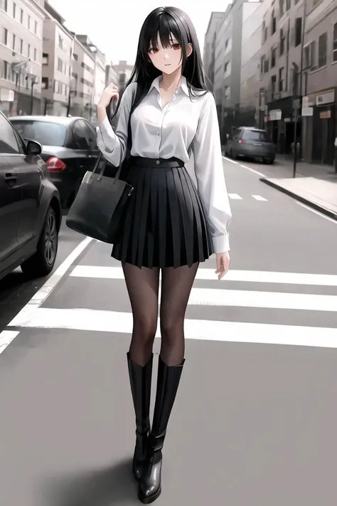 dynamic angle, absurdres,original,extremely delicate and beautiful,beautiful detailed eyes and face,1girl, black_hair, looking_at_viewer, solo,(masterpiece:1.4),(best quality:1.4),black leather boots, large breasts, black hair, red eyes, very long hair, school uniform, white shirt, pleated skirt, collared shirt, blunt bangs, <lora:knbotz-000006:0.8>