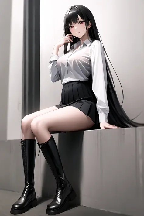 dynamic angle, absurdres,original,extremely delicate and beautiful,beautiful detailed eyes and face,1girl, black_hair, looking_at_viewer, solo,(masterpiece:1.4),(best quality:1.4),black leather boots, large breasts, black hair, red eyes, very long hair, school uniform, white shirt, pleated skirt, collared shirt, blunt bangs, <lora:knbotz-000006:0.8>