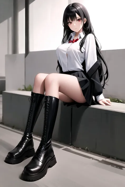 dynamic angle, absurdres,original,extremely delicate and beautiful,beautiful detailed eyes and face,1girl, black_hair, looking_at_viewer, solo,(masterpiece:1.4),(best quality:1.4),black leather boots, large breasts, black hair, red eyes, very long hair, school uniform, white shirt, pleated skirt, collared shirt, blunt bangs, <lora:knbotz-000006:0.8>