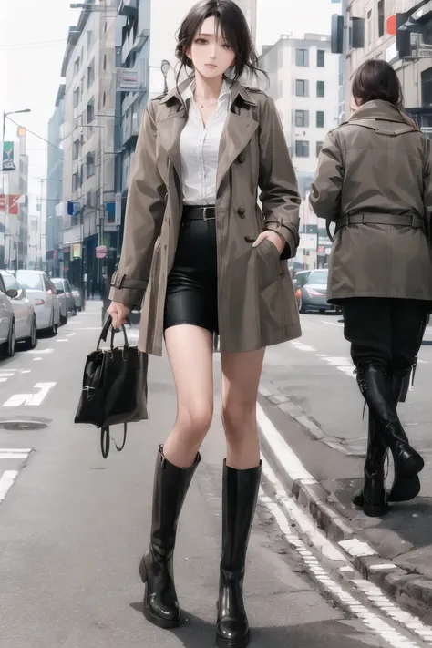 1girl, trench coat, fashion, white collared shirt, black leather boots, beautiful detailed eyes and face,absurdres,original,extremely delicate and beautiful, (masterpiece:1.4),(best quality:1.4), <lora:knbotz-000006:0.65>