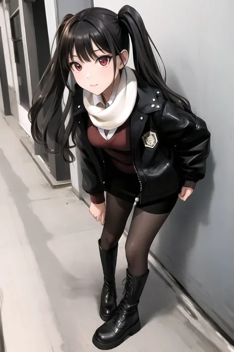 full body, wide shot, dynamic angle, absurdres,original,extremely delicate and beautiful,beautiful detailed eyes and face,1girl, black_hair, twintails, looking_at_viewer, solo,(masterpiece:1.4),(best quality:1.4),black leather boots, sweater, open jacket, pencil skirt, scarf, medium breasts, red eyes, very long hair, black pantyhose, blunt bangs, <lora:knbotz-000006:0.8>