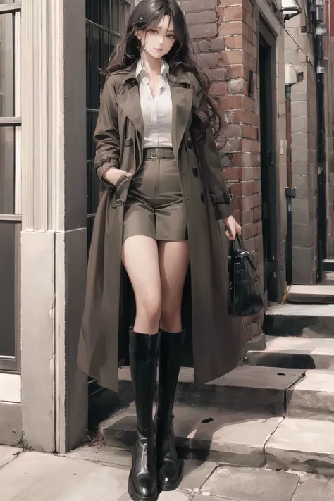 1girl, trench coat, fashion, white collared shirt,  black leather boots, beautiful detailed eyes and face,absurdres,original,extremely delicate and beautiful, (masterpiece:1.4),(best quality:1.4), <lora:knbotz-000006:0.65>