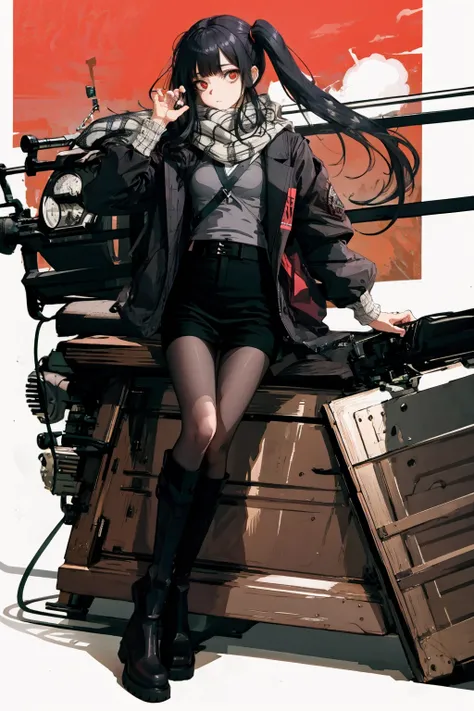 full body, wide shot, dynamic angle, absurdres,original,extremely delicate and beautiful,beautiful detailed eyes and face,1girl, black_hair, twintails, looking_at_viewer, solo,(masterpiece:1.4),(best quality:1.4),black leather boots, sweater, open jacket, pencil skirt, scarf, medium breasts, red eyes, very long hair, black pantyhose, blunt bangs, <lora:knbotz-000006:0.8>
