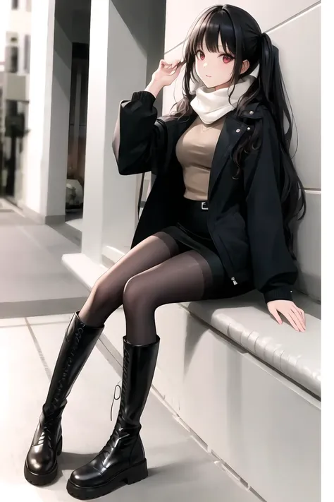 full body, wide shot, dynamic angle, absurdres,original,extremely delicate and beautiful,beautiful detailed eyes and face,1girl, black_hair, twintails, looking_at_viewer, solo,(masterpiece:1.4),(best quality:1.4),black leather boots, sweater, open jacket, pencil skirt, scarf, medium breasts, red eyes, very long hair, black pantyhose, blunt bangs, <lora:knbotz-000006:0.8>
