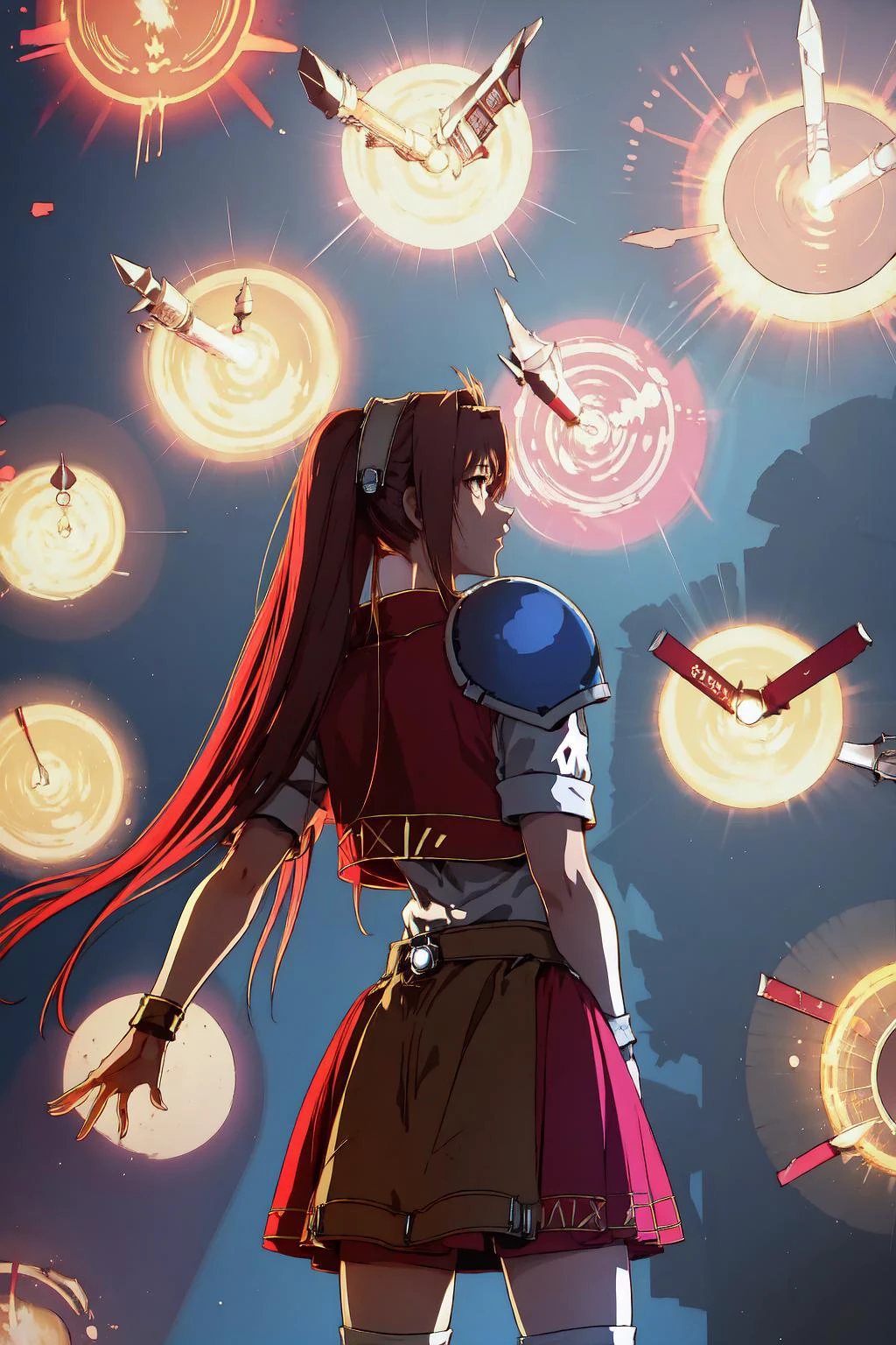 fcEstelle, red jacket, blue shoulder pad, white shirt, red skirt, short shorts, <lora:Char_OC_EstelleBright:1>, gate_of_lon, glowing circles in background, back lighting, <lora:Pos_GateOfBabylon:0.9>