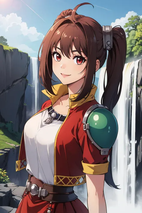 masterpiece:1.2, best quality, absurdres, massive waterfall, morning, a girl standing in front of a waterfall, fcEstelle, red jacket, blue shoulder pad, white shirt, red skirt, short shorts, smile, detailed face, face focus, portrait, centered, POV, looking at viewer, <lora:estelle-nvwls-v2:0.8>,