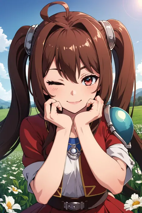 masterpiece:1.2, best quality, absurdres, farm, morning, field a girl petting a sheep, sheep, wool, fcEstelle, red jacket, blue shoulder pad, white shirt, red skirt, short shorts, facing viewer, looking at viewer, smile, centered,(( both eyes closed)) POV <lora:estelle-nvwls-v2:0.8>,