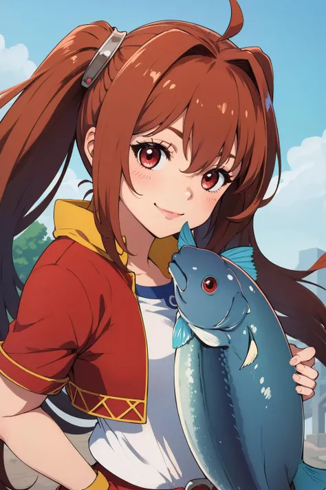 masterpiece:1.2, best quality, absurdres, outside, lack, dock, holding gigantic fish, fcEstelle, red jacket, blue shoulder pad, white shirt, red skirt, short shorts, front view, up close, standing, looking at viewer, smile, detailed face, face focus, <lora:estelle-nvwls-v2:0.8>