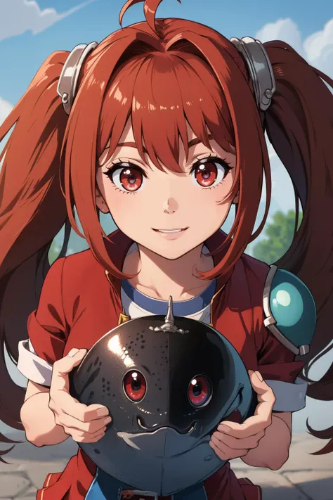 masterpiece:1.2, best quality, absurdres, masterpiece:1.2, best quality, absurdres, outside, lack, dock, holding gigantic fish, fcEstelle, red jacket, blue shoulder pad, white shirt, red skirt, short shorts, front view, up close, standing, looking at viewer, smiling, detailed face, face focus, <lora:estelle-nvwls-v2:0.8>