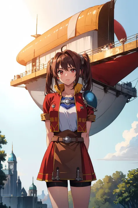 masterpiece:1.2, best quality, absurdres, ((airship)), flying, fcEstelle, red jacket, blue shoulder pad, white shirt, red skirt, short shorts, standing, facing viewer, arms behind back, <lora:estelle-nvwls-v2:0.8>