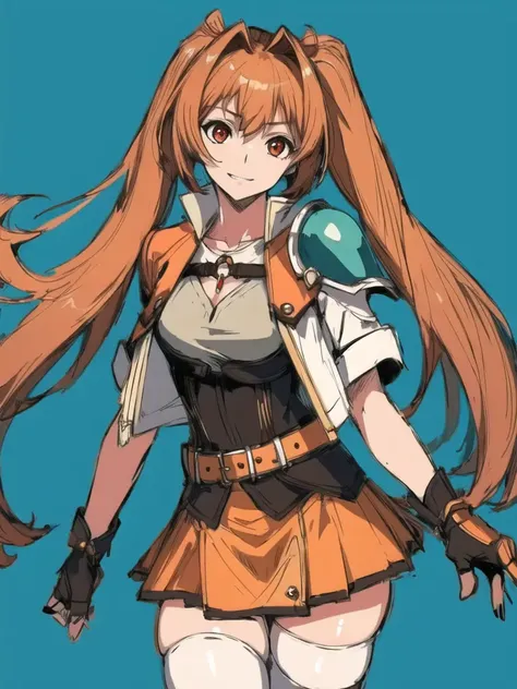 masterpiece, ultra high quality cg, perfect image, estelle, shoulder armor, short jacket, belt, orange skirt, white thighhighs, red eyes, cowboy shot, green background