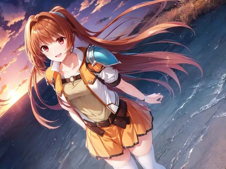 masterpiece, ultra high quality cg, perfect image, estelle, shoulder armor, short jacket, belt, orange skirt, white thighhighs, red eyes, sunset, blue sky