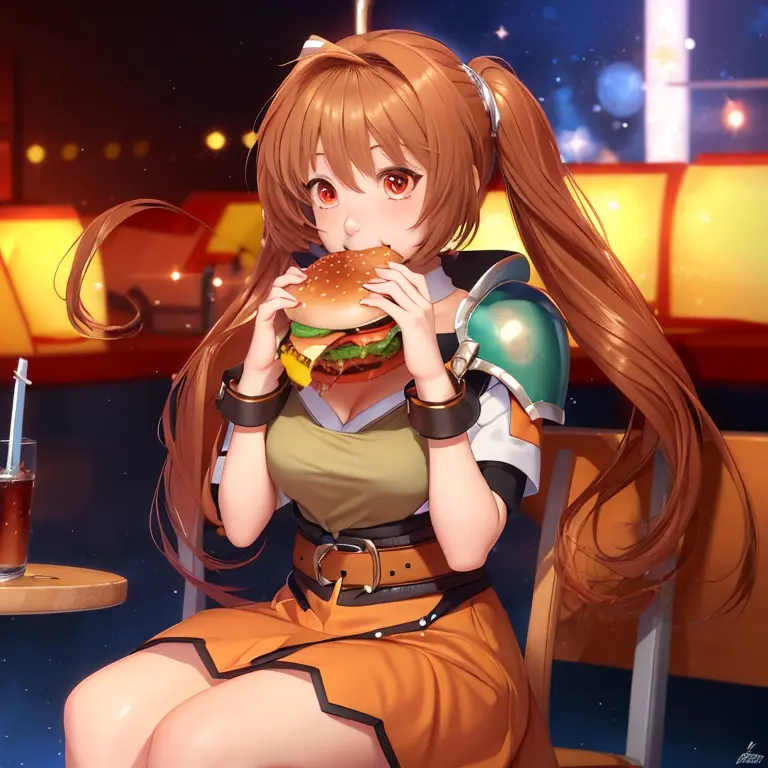 masterpiece, ultra high quality cg, perfect image, estelle, shoulder armor, short jacket, belt, orange skirt, eating, holding a huge burger with both hands