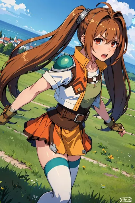 masterpiece, best quality, scEstelle, cropped jacket, green shoulder pad, tan shirt, brown gloves, orange skirt, belt, white thighhighs, orange boots, fighting stance, furrowed brow, serious, open mouth, from above, looking at viewer, village <lora:estelle-nvwls-v2-000009:1>