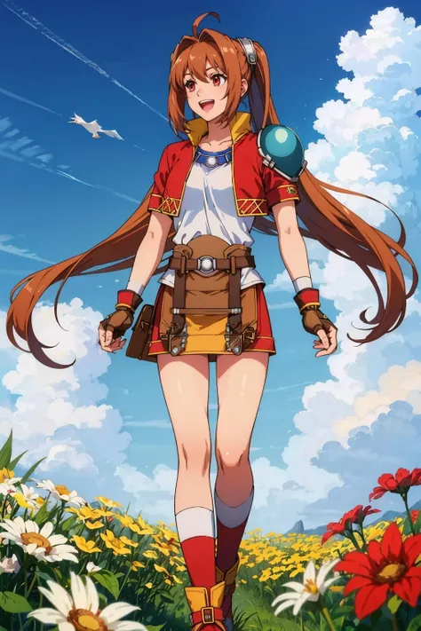 masterpiece, best quality, fcEstelle, red jacket, blue shoulder pad, white shirt, red skirt, short shorts, fingerless gloves, red boots, :D, sky, clouds, standing, flowers <lora:estelle-nvwls-v2-000009:1>