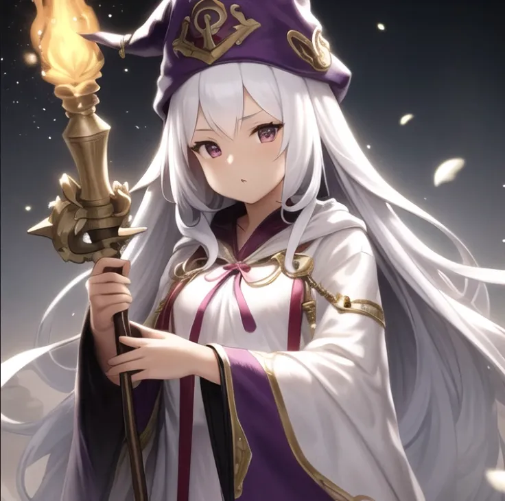 beautiful, masterpiece, best quality, extremely detailed face,  perfect lighting, 1girl,  solo, <lora:Houtengeki:0.9>, very long hair, white hair, robes, wizard robes, hat, wizard hat, holding, holding weapon, staff, holding staff, fire