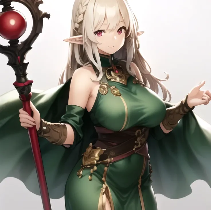 beautiful, masterpiece, best quality, extremely detailed face, perfect lighting, 1girl, solo, <lora:Houtengeki:0.9>, bangs, bare shoulders, braid, breasts, cape, closed mouth, dress, elf, green dress, hair ornament, large breasts, long hair, looking at viewer, pointy ears, red eyes, simple background, smile, solo, staff, white background