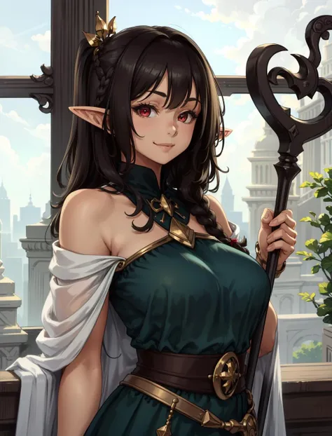 beautiful, masterpiece, best quality, extremely detailed face, perfect lighting, 1girl, solo, <lora:Houtengeki:0.9>, bangs, bare shoulders, braid, breasts, cape, closed mouth, dress, elf, green dress, hair ornament, large breasts, long hair, looking at viewer, pointy ears, red eyes, simple background, smile, solo, staff, white background