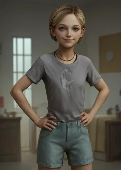 1girl, sarah miller, short hair, blonde hair, light blue eyes, flat chest, <lora:Sarah_Miller_Pony_r2:0.82>,
gray shirt, short sleeves, standing, hands on hips, shorts, smile, solo focus, (closeup:1.2),
source_realistic, (score_9, core_8_up, score_7_up, score_6_up)