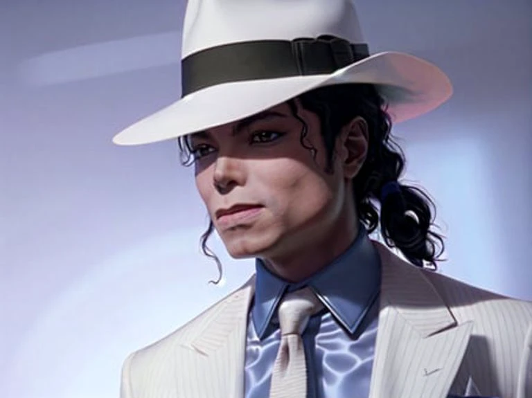 close portait of a smoothcriminal michael jackson man in a white suit, cinematic lighting, intricate detail, very sharp, high quality, professional photography <lora:hjsmoothcriminal_v10:0.8>