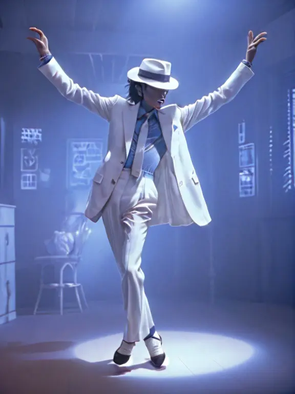 smoothcriminal a michael jackson man in a white suit dancing in a dark room <lora:hjsmoothcriminal_v10:0.7>