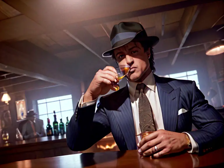 smoothcriminal portrait of sylvester stallone man in a suit drinking whiskey at a bar, intricate detail, very sharp, high quality, professional photography <lora:hjsmoothcriminal_v10:0.7>