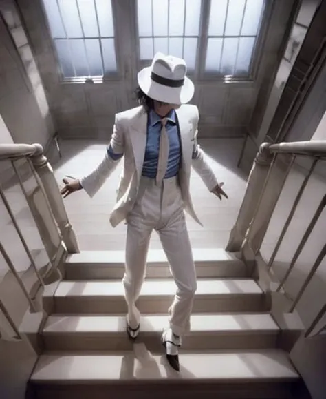 smoothcriminal michael jackson man dancing in white suit, staircase with a window in the background intricate detail, detailed face, very sharp, high quality, professional photography <lora:hjsmoothcriminal_v10:0.75>