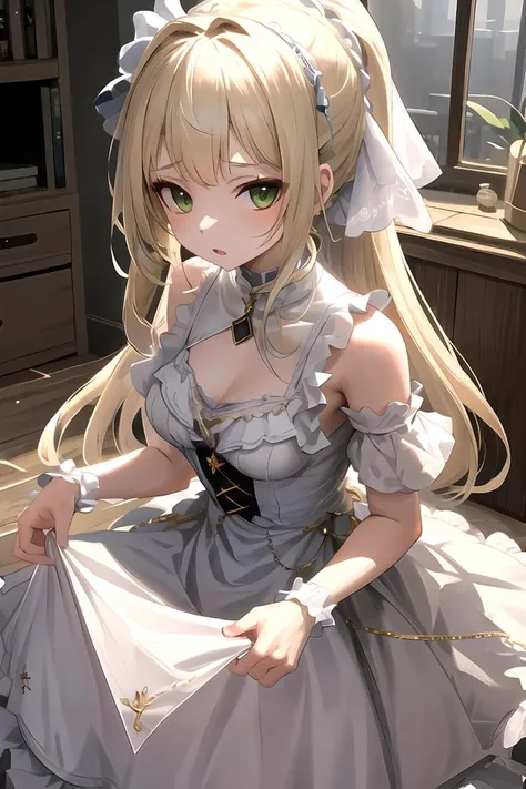 best quality, ultra high res, masterpiece, highres, original, extremely detailed wallpaper, 1girl, solo, aalillie, long hair, ponytail, french braid, green eyes, bare shoulders <lora:lilliePokemon_v1:0.7>, hplj, hplj \(manaka nemu\), cleavage, <lora:dressNo8_V2.4-000008:1>