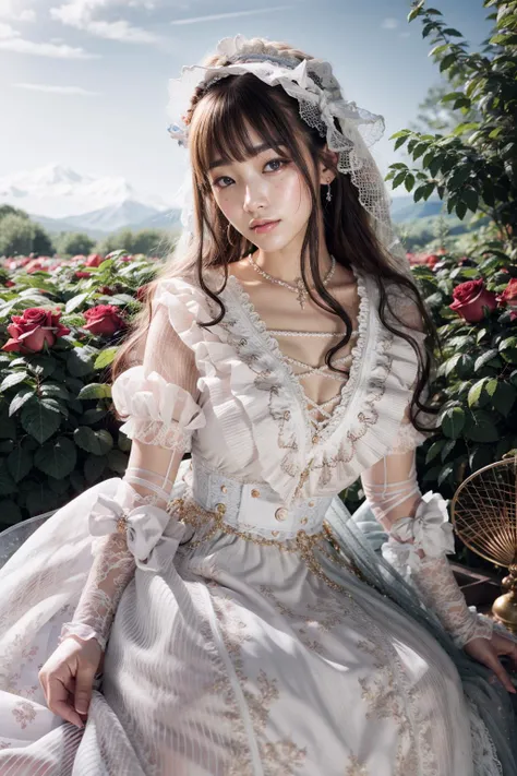 (realistic:1.3), finely detailed, quality, rembrandt lighting, (masterpiece:1.2), (photorealistic:1.2), (best quality), (detailed skin:1.3), (intricate details), dramatic, ray tracing, 1girl, japanese girl, 21 years old, detailed skin texture, (blush:0.5), (goosebumps:0.5), subsurface scattering, smiling, medium breasts, long hair curls, bangs, hair between eyes, headdress, choker, ribbon, bow, white dress, long dress, lace, frills, puffy sleeves, long sleeves, hplj \(manaka nemu\), sitting, (arms at side:1.2), (bright sunny day, outdoors, wide open field of rose bushes, rose plantation, sky), <lora:Dress No.8 V3 hplj:0.9>