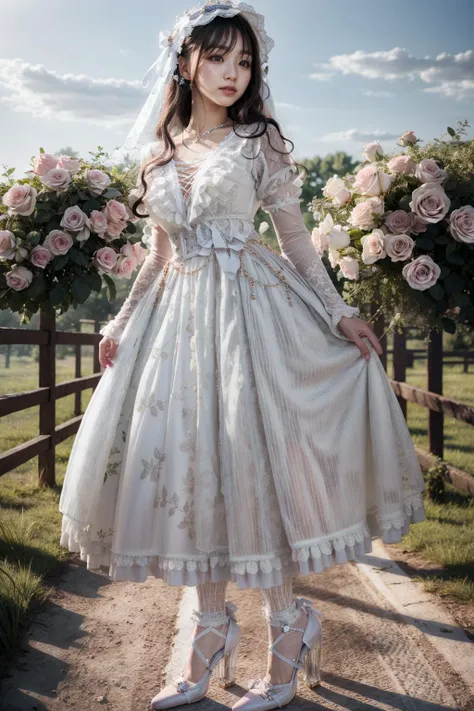 (realistic:1.3), finely detailed, quality, rembrandt lighting, (masterpiece:1.2), (photorealistic:1.2), (best quality), (detailed skin:1.3), (intricate details), dramatic, ray tracing, 1girl, japanese girl, 21 years old, detailed skin texture, (blush:0.5), (goosebumps:0.5), subsurface scattering, smiling, medium breasts, long hair curls, bangs, hair between eyes, headdress, choker, ribbon, bow, white dress, long dress, lace, frills, puffy sleeves, long sleeves, hplj \(manaka nemu\), lace socks, high heels, full body, (arms at side:1.2), (bright sunny day, outdoors, wide open field of rose bushes, rose plantation, sky), <lora:Dress No.8 V3 hplj:0.9>