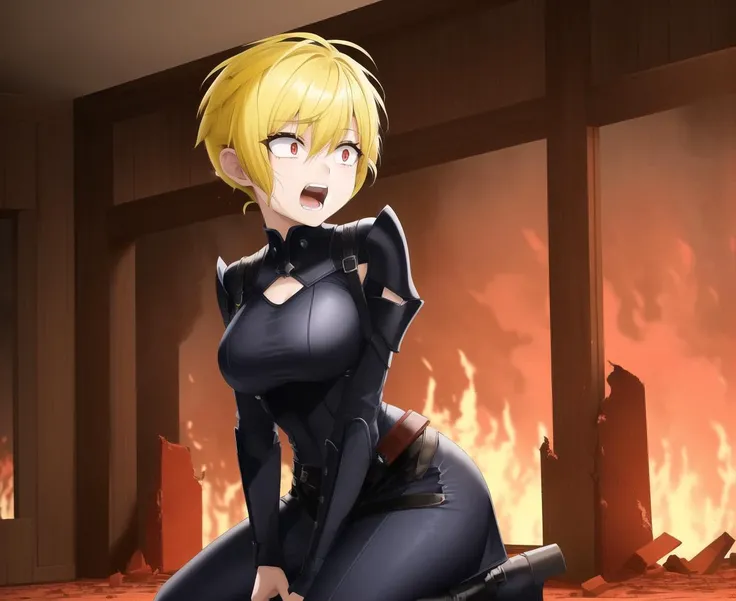 person on their knees in a burning room, kneeling, full body, 1girl, yellow hair, (pixie cut, hair flaps:1.3), shaded face, red eyes, constricted pupils, screaming, fire, flames, embers, ruin, finely detailed background, amazing background