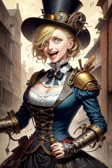 ((Masterpiece)),  <lora:crazyExpressions_crazyExpressions:0.8>,
Photograph of a Steampunk Woman, Blonde hair, Adventurers outfit, crazy face, constricted pupils, crazy eyes, crazy smile, Top Hat,  Art Deco, style of Jules Vern, in a Victorian City, Extremely Detailed, Intricate, UHD, HDR, 16K