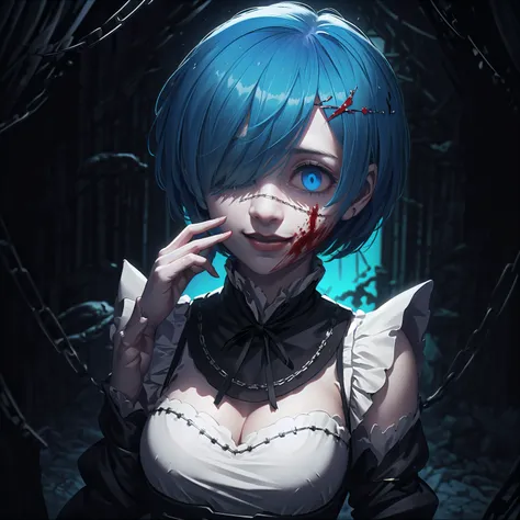 masterpiece, best quality, ultra-detailed, illustration, epic lighting, cinematic composition, 1girl, solo, <lora:remReZero_v10:0.5> rem_\(re_zero\), (purple glowing horn:1.2), cute, lustrous skin, enchanting gaze, blue hair, short hair, (hair over one eye:1.3), blue eyes, roswaal mansion maid uniform, apron, (white pantyhose:1.2), walking:1.1, cowboy shot, looking at viewer, constricted pupils, crazy eyes, crazy smile, grinning, (shaded face, shadows cast over face:1.3), (constricted pupils:1.1), hand on own face, death, destruction, epic, cinematic, dramatic, reflective, shining, purple aura, purple glow, holding chains, flowing chains, blood, bloodsplatter, blood on face, evening, red sky, ice crystals, magic, particle effects, fantasy, (8k:1.1), <lora:Crazy_ExpressionsV2:1>