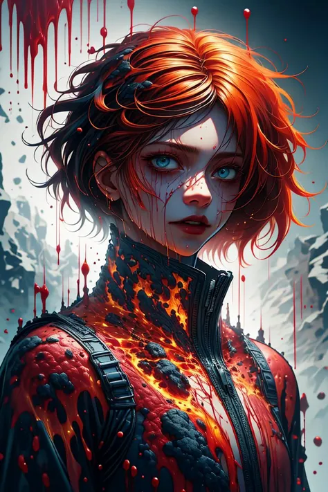 (Horrifying Painting:1.3) of (Ultrarealistic:1.3) a photo of a woman, (red hair:1.2), <lora:ral-lava-sd15:0.9> ral-lava, lava, blood, bloody face, <lora:Constricted PupilsV3:1.2> constricted pupils, small pupils,(close portrait:1.3),thematic background, <lora:LCM_LoRA_Weights_SD15:1>