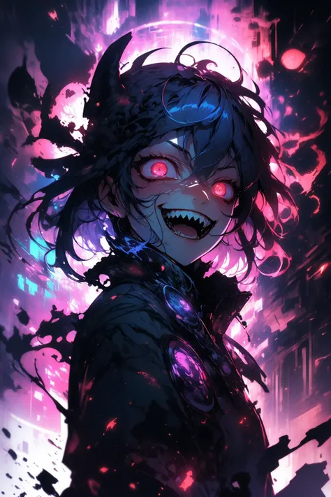 (Visual novel:1.3) from below, dramatic, crazy, (destruction, collapse:1.1), detailed, particles, demon, horns, <lora:PSYCHOPHONKY:0.65> psychophonky, psychotic, crazy smile, glowing eyes, fangs, <lora:Constricted PupilsV3:1.1> constricted pupils, small pupils