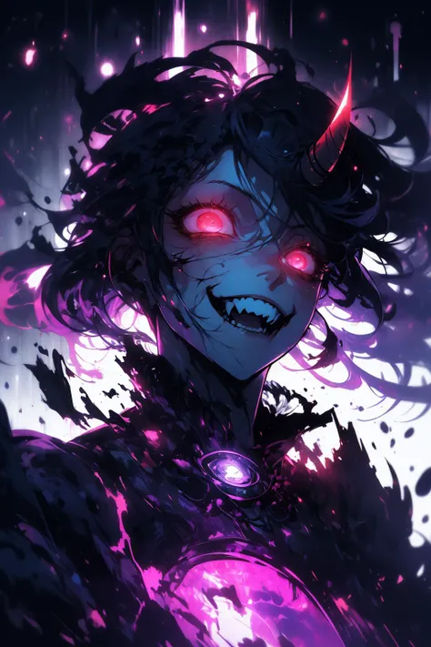 (Realistic:1.3) from below, dramatic, crazy, horns, <lora:PSYCHOPHONKY:0.65> psychophonky, psychotic, crazy smile, glowing eyes, fangs, <lora:Constricted PupilsV3:1.1> constricted pupils, small pupils,(Dark hue:1.55)