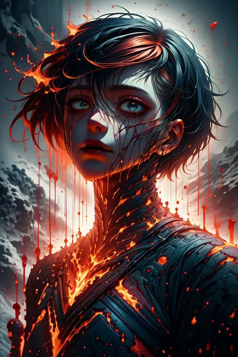 (Hated Photo:1.3) of (Visual novel:1.3) a photo of a woman, (red hair:1.2), makeup, fire, flames, <lora:ral-lava-sd15:0.9> ral-lava, lava, blood, bloody face, <lora:Constricted PupilsV3:1.2> constricted pupils, small pupils,Highly Detailed,(close portrait:1.3),thematic background, <lora:LCM_LoRA_Weights_SD15:1>