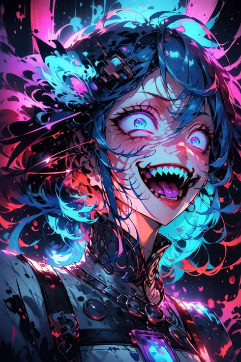 (Fixed Photo:1.3) of (Detailed illustration:1.3) <lora:Constricted PupilsV3:0.95> constricted pupils, small pupils, <lora:PSYCHOPHONKY:0.8> psychophonky, psychotic, crazy smile, glowing eyes, fangs, tongue sticking out, <lora:constricted_pupils_v0.2a:1> constricted pupils,Highly Detailed,(Blue hue:1.3)