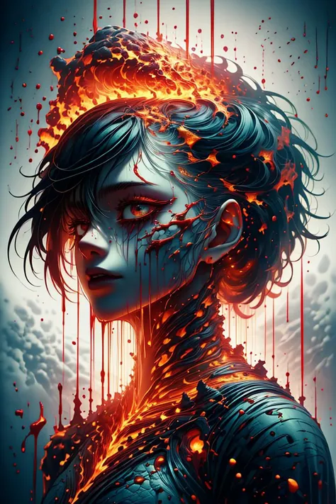 (Fixated Drawing:1.3) of (Screen print:1.3) a photo of a woman, (red hair:1.2), makeup, fire, flames, <lora:ral-lava-sd15:0.9> ral-lava, lava, blood, bloody face, <lora:Constricted PupilsV3:1.2> constricted pupils, small pupils,(close portrait:1.3),thematic background, <lora:LCM_LoRA_Weights_SD15:1>