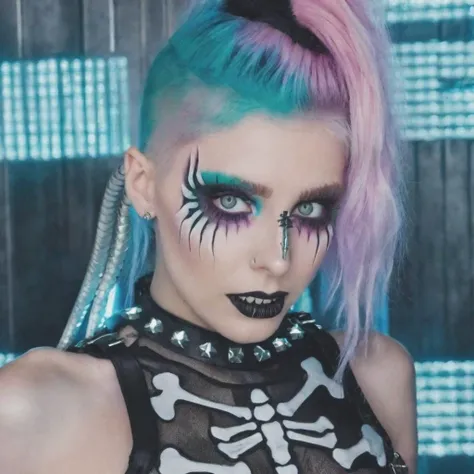 a woman in a skeleton costume, future techwear, metal album cover art, cyborg, goth girl aesthetic, transparent skin, snake texture, temple, pastel goth aesthetic, 2029, skin spikes <lora:Crazy_ExpressionsV2:0.8> crazy face, crazy eyes, crazy smile, shocked, horrified, scared, small pupils, constricted pupils <lora:crossPastiesClothesLiftV1-14:0.8> clothes lift, cross pasties