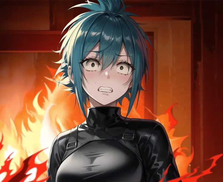 person standing in a burning room, mid shot, looking at viewer, 1girl, aqua hair, (hair pulled back, messy hair:1.3), black eyes, constricted pupils, scared, clenched teeth, fire, flames, embers, ruin, finely detailed background, amazing background
